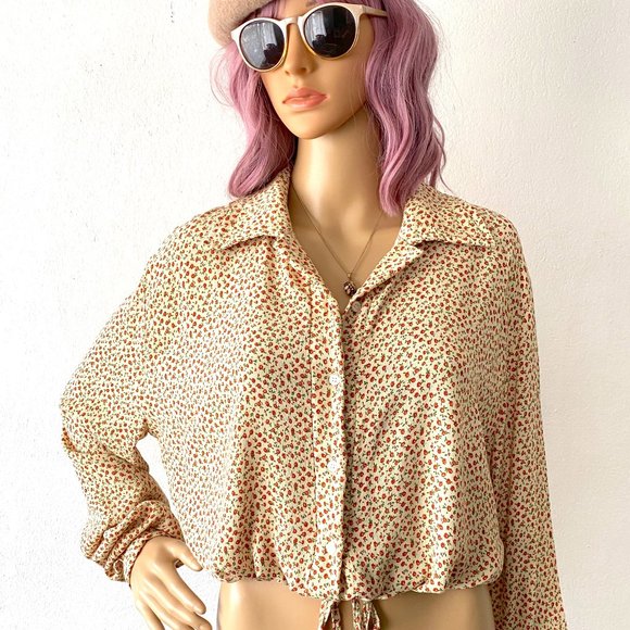 Brandy Melville Floral Blouse Drawstring Top Cropped Blouse Trendy Casual S M L - Picture 2 of 9